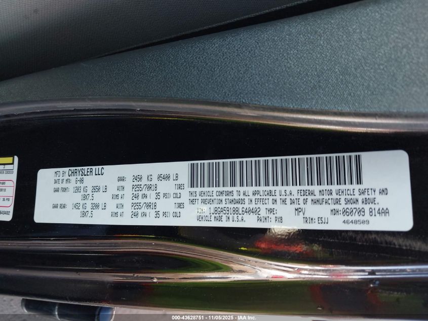 2008 Jeep Wrangler Unlimited Sahara VIN: 1J8GA59188L640402 Lot: 43628751