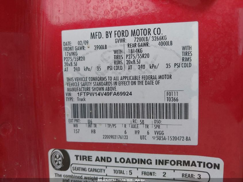 2009 Ford F-150 Fx4/King Ranch/Lariat/Platinum/Xl/Xlt VIN: 1FTPW14V49FA69924 Lot: 43628754