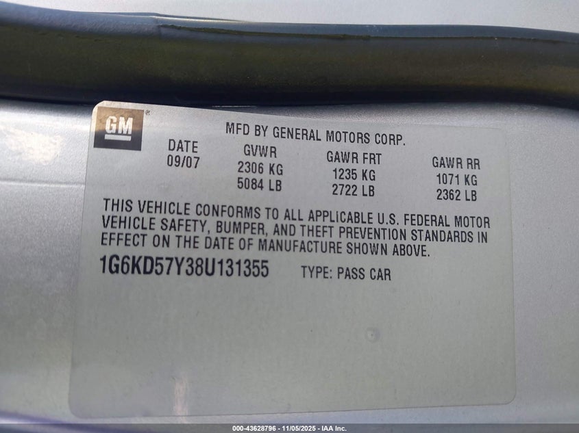 2008 Cadillac Dts 1Sd VIN: 1G6KD57Y38U131355 Lot: 43628796