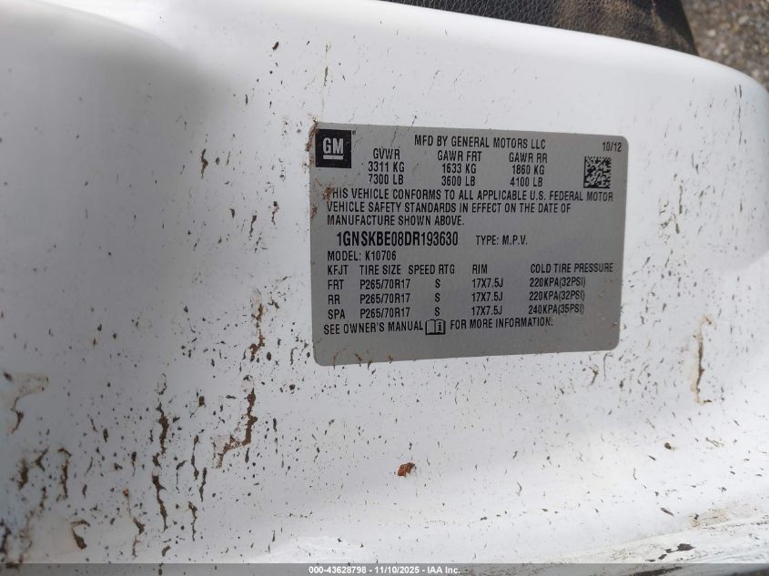 2013 Chevrolet Tahoe Lt VIN: 1GNSKBE08DR193630 Lot: 43628798