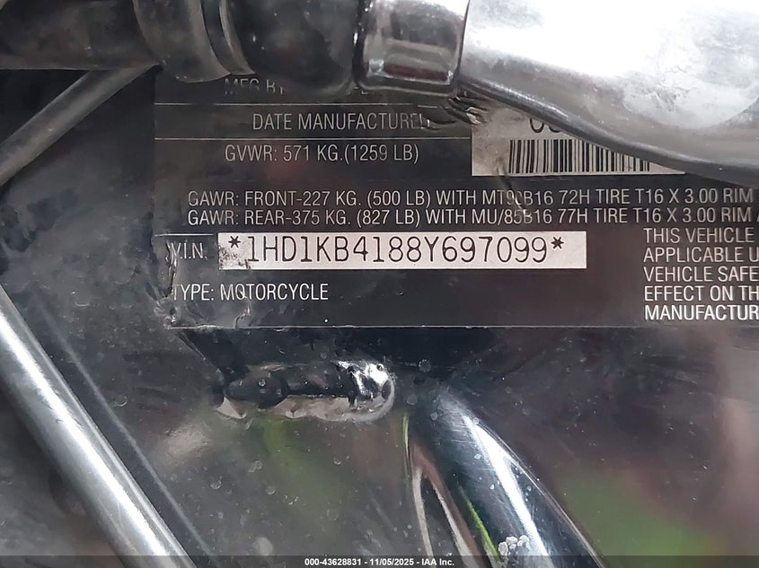 2008 Harley-Davidson Flhx VIN: 1HD1KB4188Y697099 Lot: 43628831