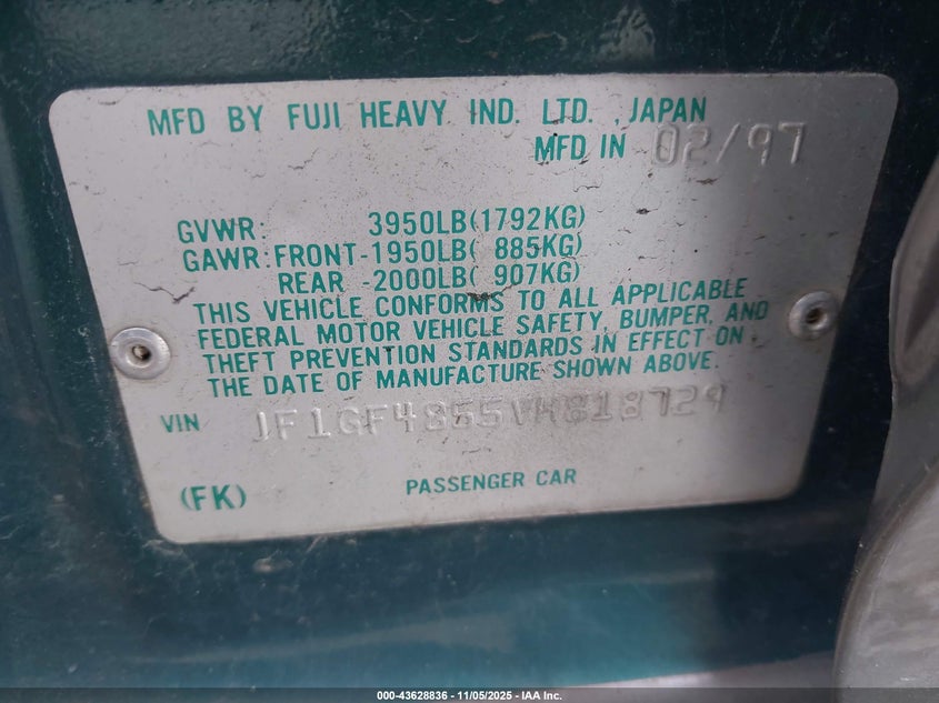 1997 Subaru Impreza Outback Sport VIN: JF1GF4855VH818729 Lot: 43628836