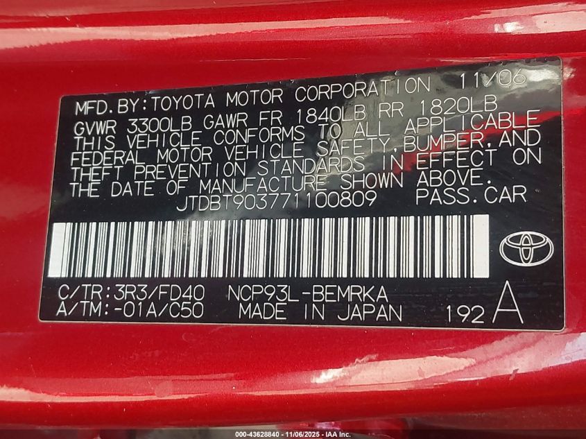 2007 Toyota Yaris S VIN: JTDBT903771100809 Lot: 43628840