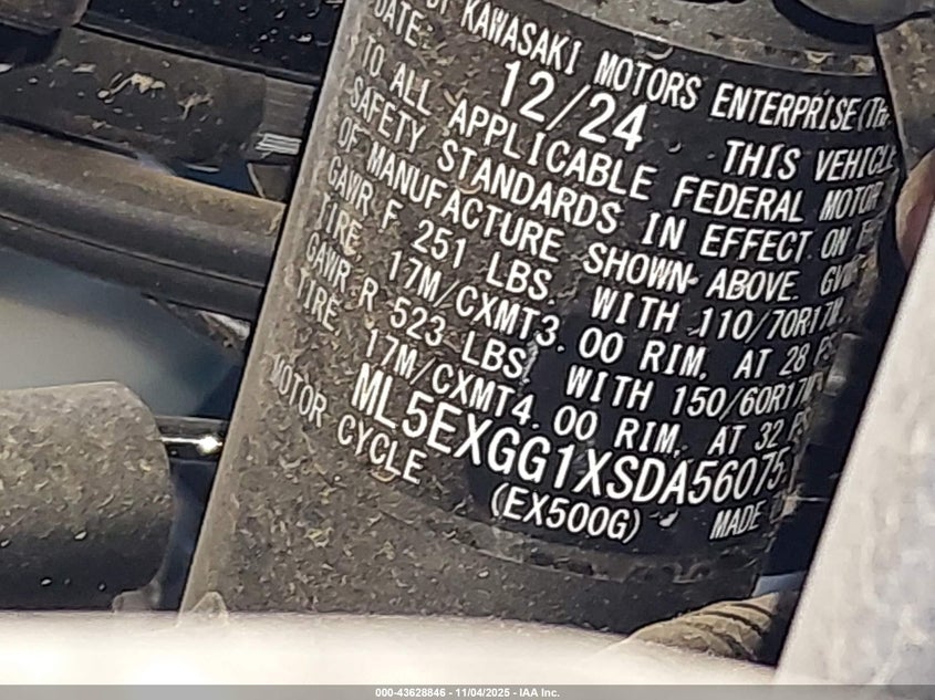 2025 Kawasaki Ex500 VIN: ML5EXGG1XSDA56075 Lot: 43628846