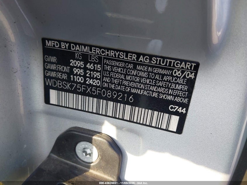 2005 Mercedes-Benz Sl 500 VIN: WDBSK75FX5F089216 Lot: 43628851