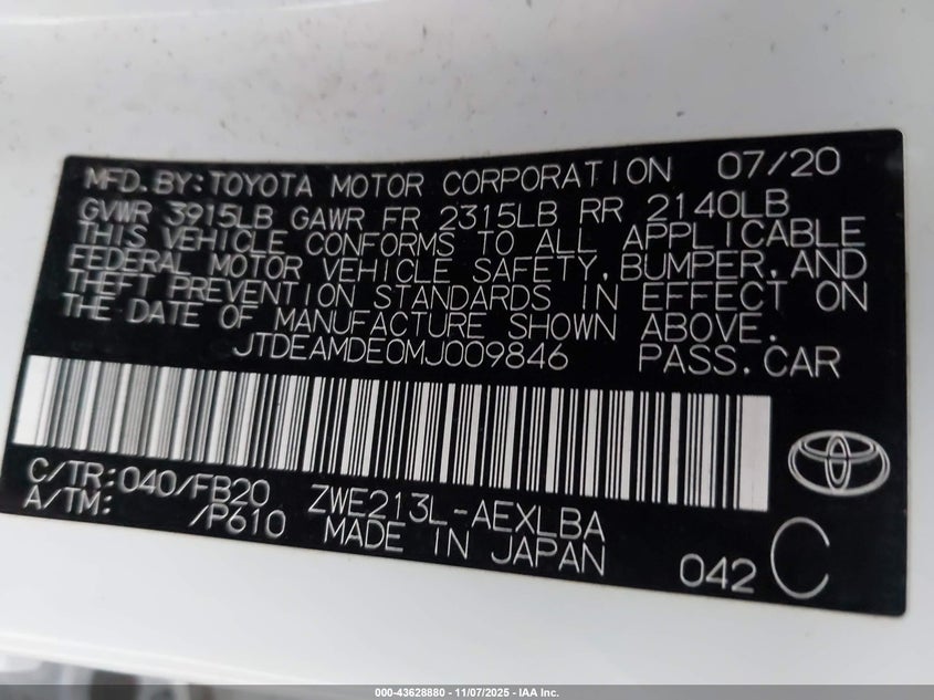 2021 TOYOTA COROLLA HYBRID LE - JTDEAMDE0MJ009846