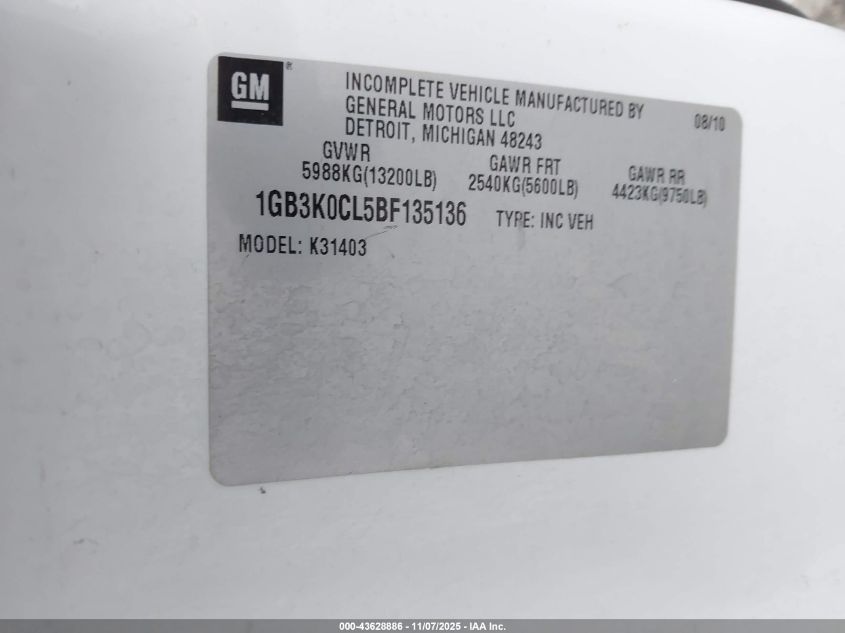 2011 Chevrolet Silverado 3500Hd Chassis Lt1 VIN: 1GB3K0CL5BF135136 Lot: 43628886