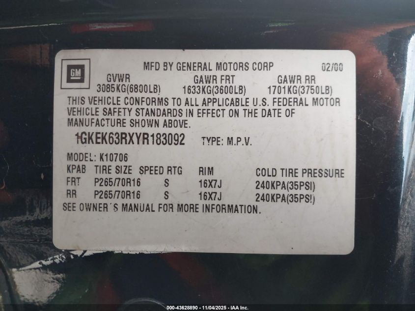2000 GMC Yukon Denali VIN: 1GKEK63RXYR183092 Lot: 43628890