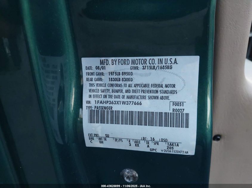 2001 Ford Focus Se VIN: 1FAHP363X1W377666 Lot: 43628899