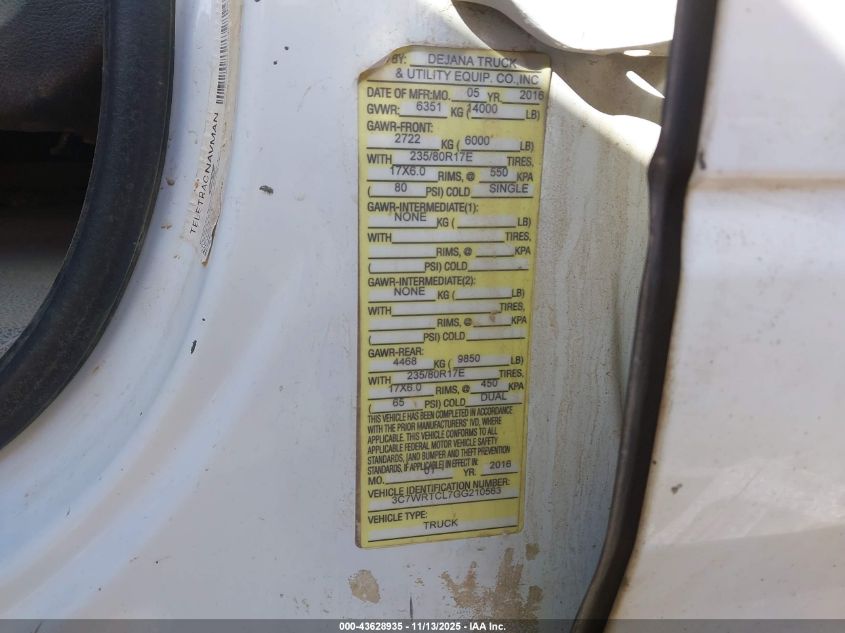 2016 Ram 3500 Chassis Tradesman/Slt/Laramie VIN: 3C7WRTCL7GG210563 Lot: 43628935