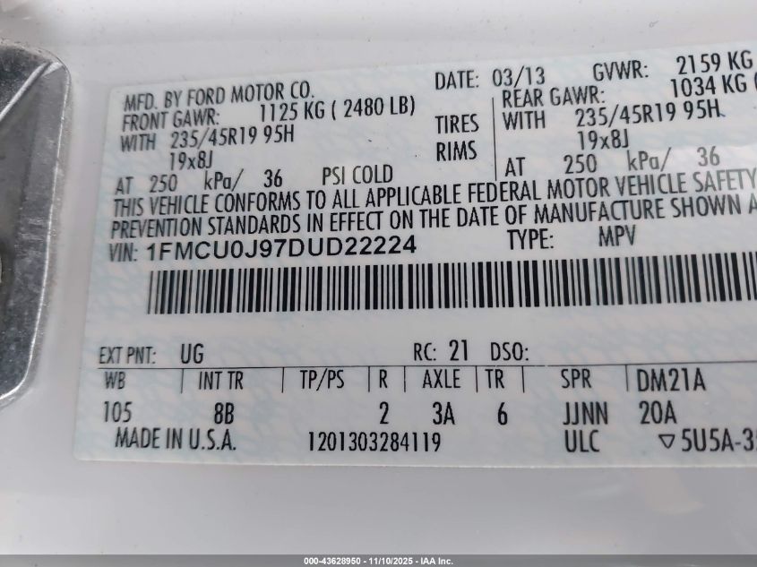 2013 Ford Escape Titanium VIN: 1FMCU0J97DUD22224 Lot: 43628950