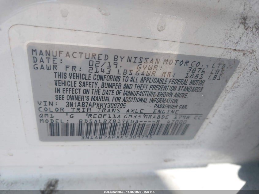 2019 NISSAN SENTRA S - 3N1AB7APXKY309795