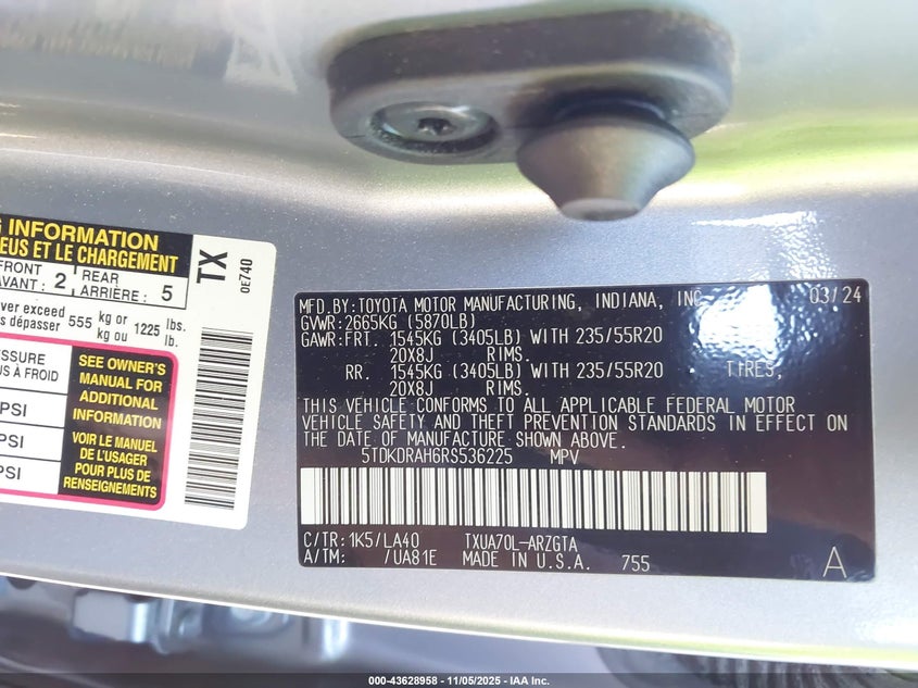 2024 TOYOTA HIGHLANDER PLATINUM 5TDKDRAH6RS536225