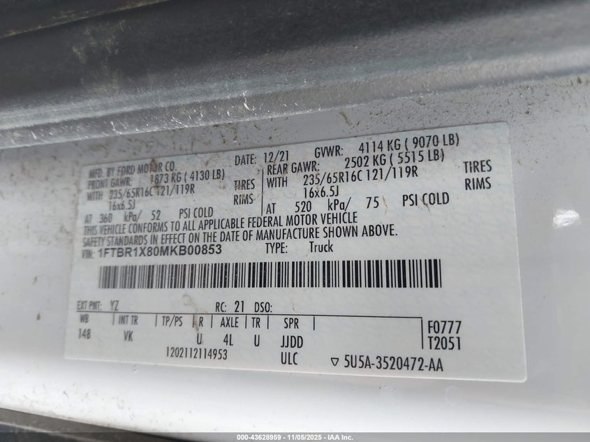 2021 Ford Transit-250 VIN: 1FTBR1X80MKB00853 Lot: 43628959