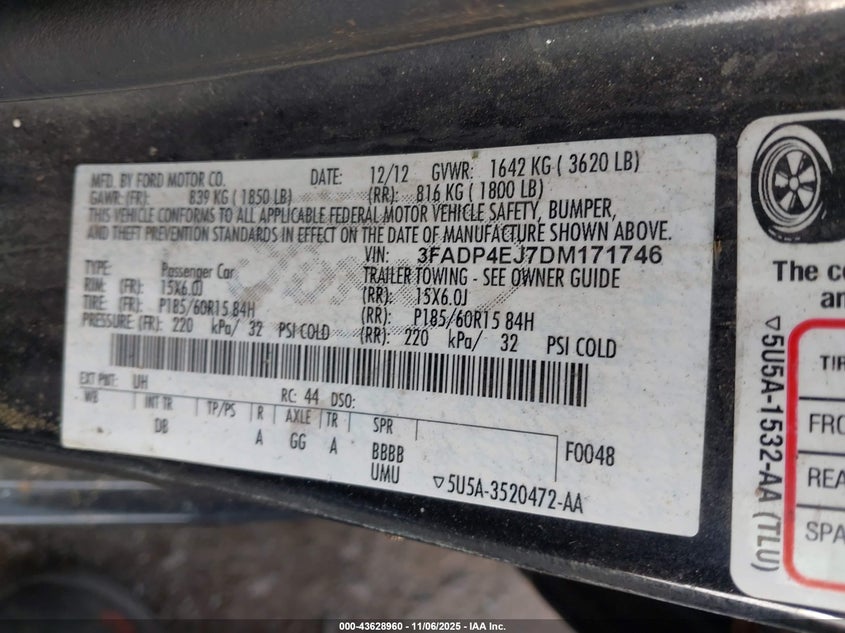 2013 Ford Fiesta Se VIN: 3FADP4EJ7DM171746 Lot: 43628960