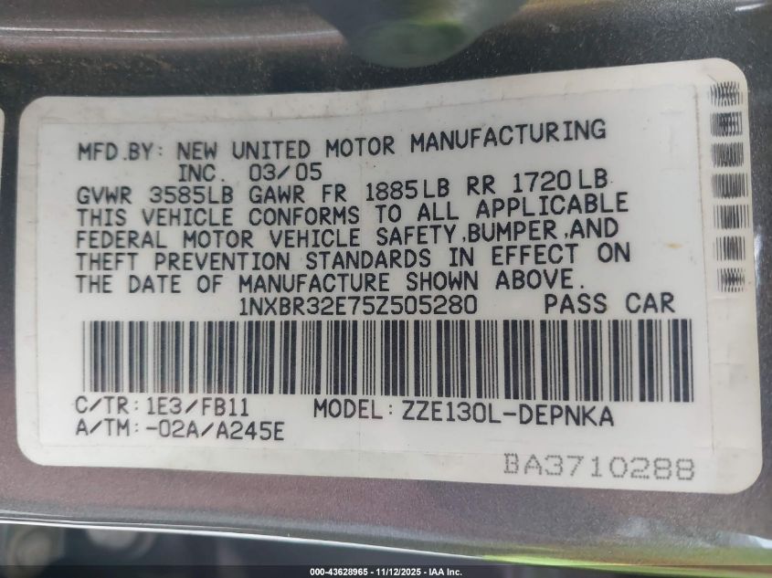 2005 Toyota Corolla Le VIN: 1NXBR32E75Z505280 Lot: 43628965