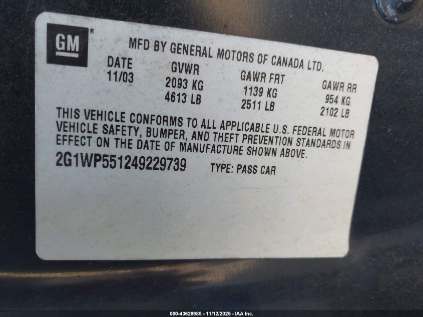 2004 Chevrolet Impala Ss Supercharged VIN: 2G1WP551249229739 Lot: 43628985