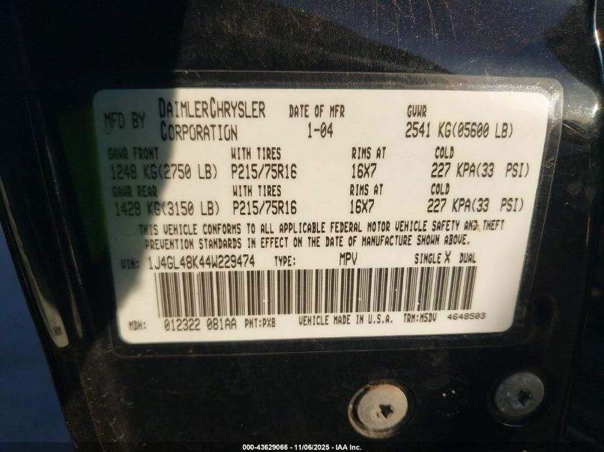 2004 Jeep Liberty Sport VIN: 1J4GL48K44W229474 Lot: 43629066