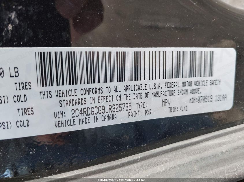 2018 Dodge Grand Caravan Sxt VIN: 2C4RDGCG9JR325735 Lot: 43629073