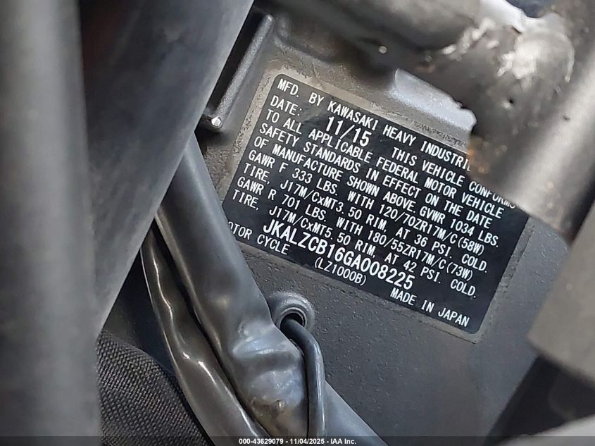 2016 Kawasaki Lz1000 B VIN: JKALZCB16GA008225 Lot: 43629079