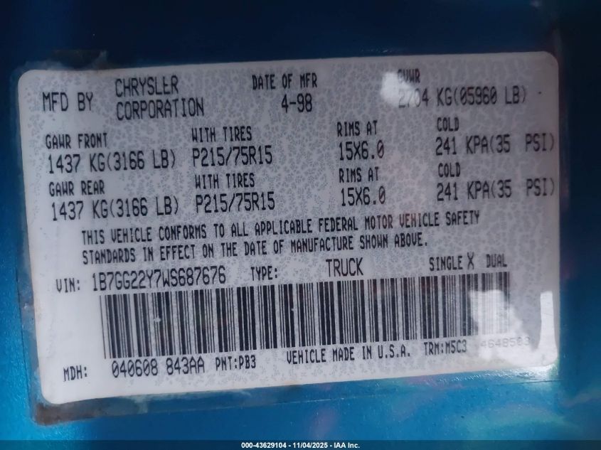 1998 Dodge Dakota Slt/Sport VIN: 1B7GG22Y7WS687676 Lot: 43629104