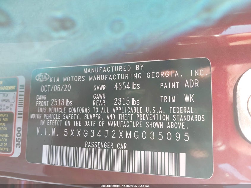 2021 KIA K5 EX 5XXG34J2XMG035095