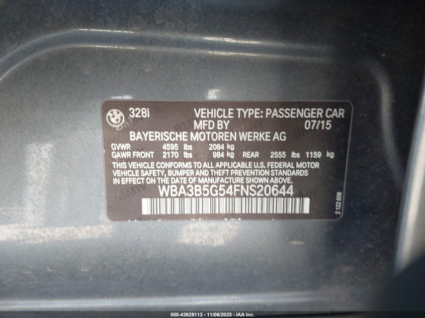 2015 BMW 328I XDRIVE WBA3B5G54FNS20644