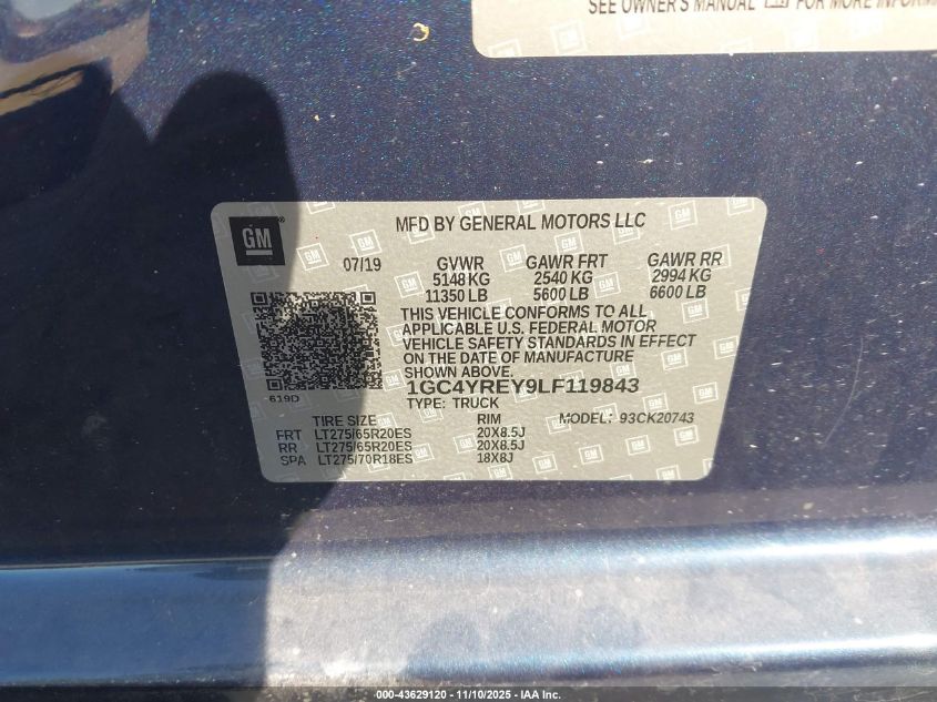 2020 Chevrolet Silverado 2500Hd VIN: 1GC4YREY9LF119843 Lot: 43629120