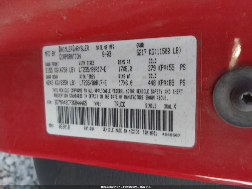 2003 Dodge Ram 3500 Slt/Laramie/St VIN: 3D7MA48C73G844465 Lot: 43629137