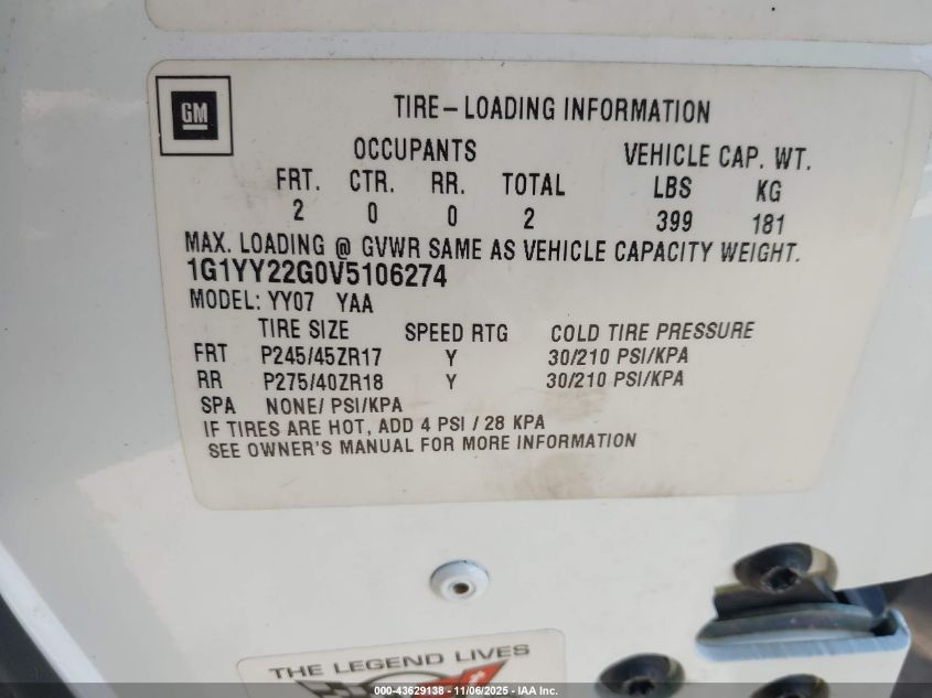 1997 Chevrolet Corvette VIN: 1G1YY22G0V5106274 Lot: 43629138