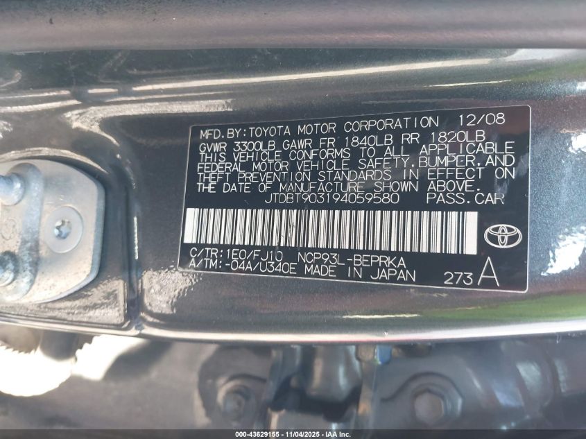 2009 Toyota Yaris VIN: JTDBT903194059580 Lot: 43629155