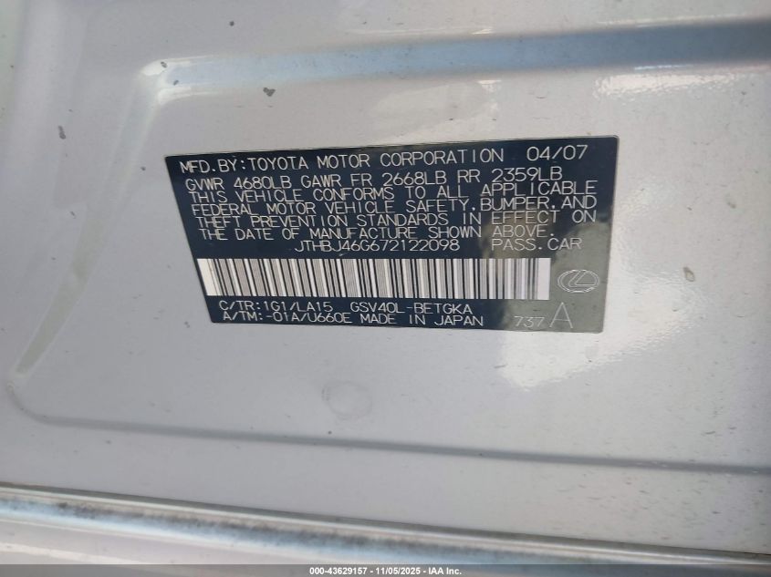 2007 Lexus Es 350 VIN: JTHBJ46G672122098 Lot: 43629157