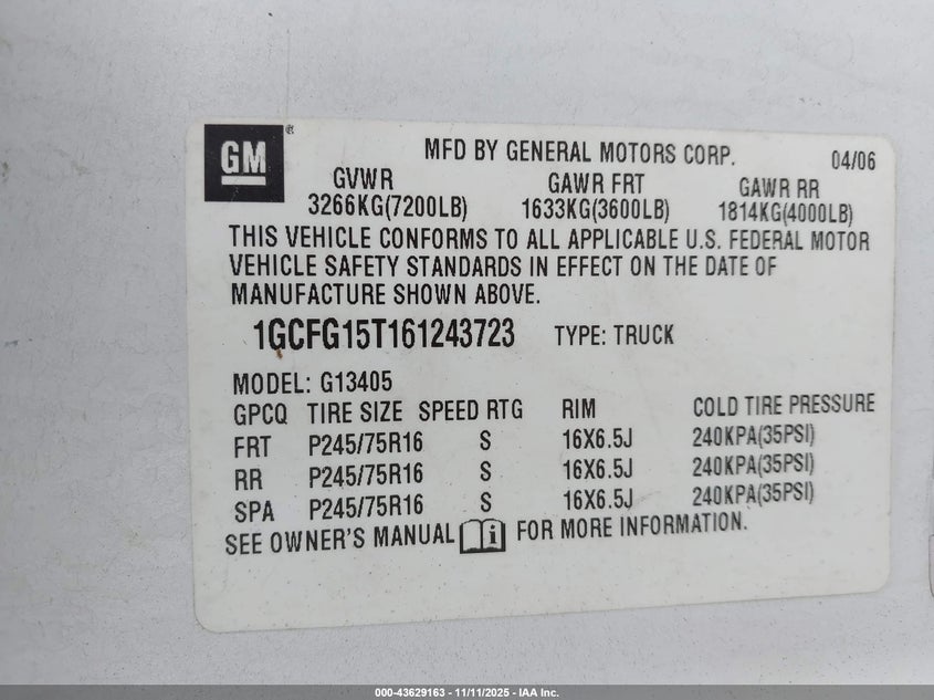 2006 Chevrolet Express Work Van VIN: 1GCFG15T161243723 Lot: 43629163