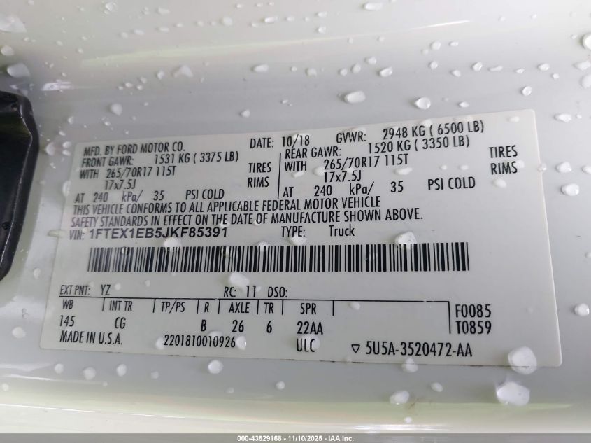 2018 Ford F-150 Xl VIN: 1FTEX1EB5JKF85391 Lot: 43629168