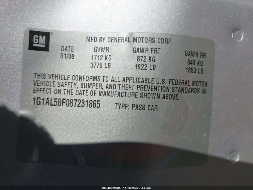 2008 Chevrolet Cobalt Lt VIN: 1G1AL58F087231865 Lot: 43629205