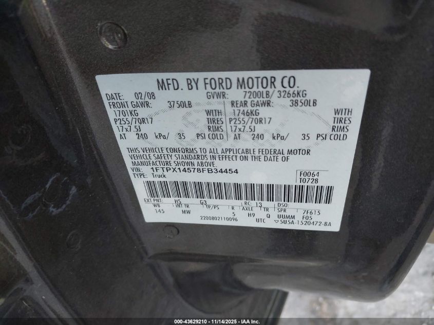 2008 Ford F-150 Fx4/Lariat/Xl/Xlt VIN: 1FTPX14578FB34454 Lot: 43629210