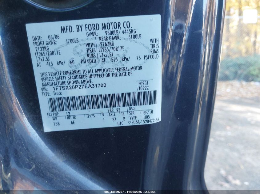 2007 Ford F-250 Lariat/Xl/Xlt VIN: 1FTSX20P27EA31700 Lot: 43629227