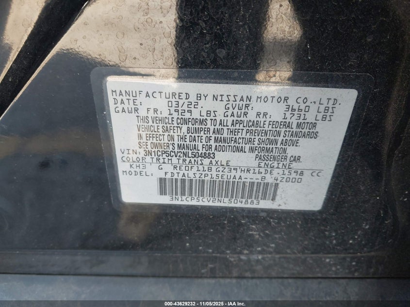 2022 NISSAN KICKS SV XTRONIC CVT 3N1CP5CV2NL504883