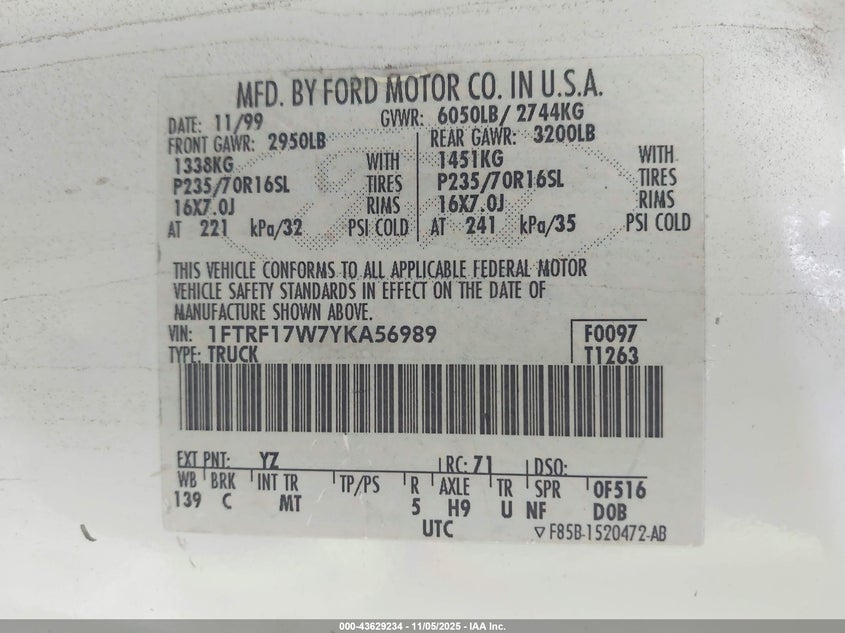 2000 Ford F-150 Work Series/Xl/Xlt VIN: 1FTRF17W7YKA56989 Lot: 43629234