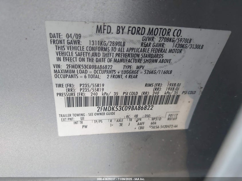 2009 Ford Flex Limited VIN: 2FMDK53C09BA86822 Lot: 43629237