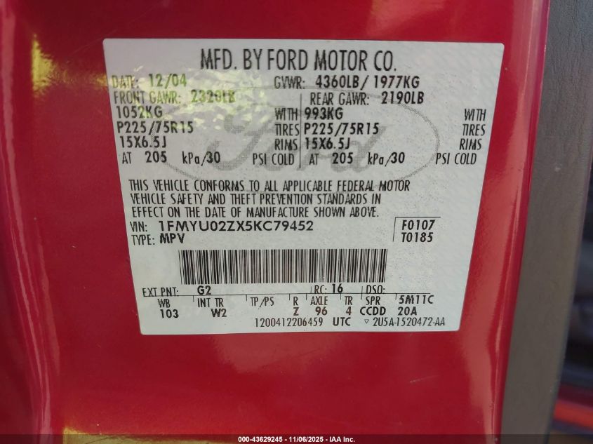 2005 Ford Escape Xls VIN: 1FMYU02ZX5KC79452 Lot: 43629245