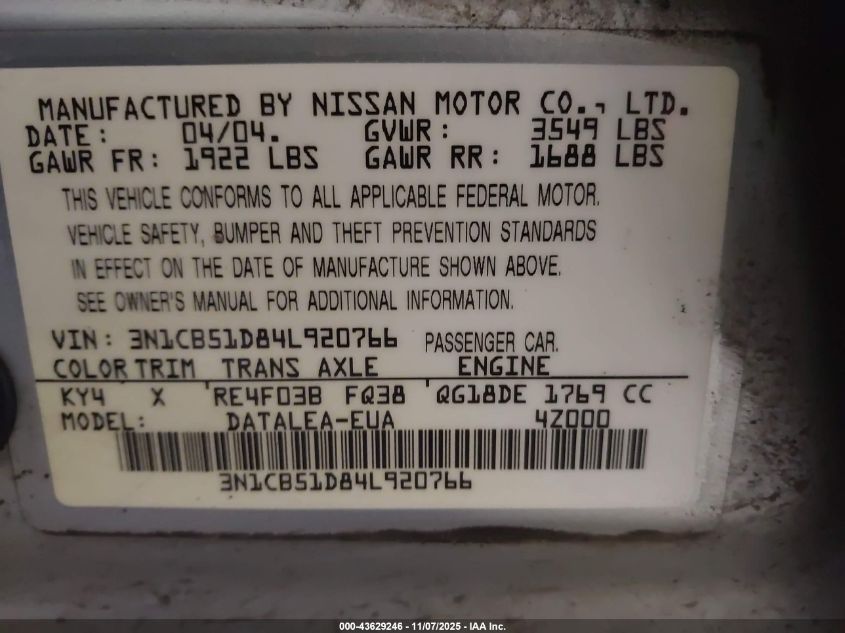 2004 Nissan Sentra 1.8S VIN: 3N1CB51D84L920766 Lot: 43629246