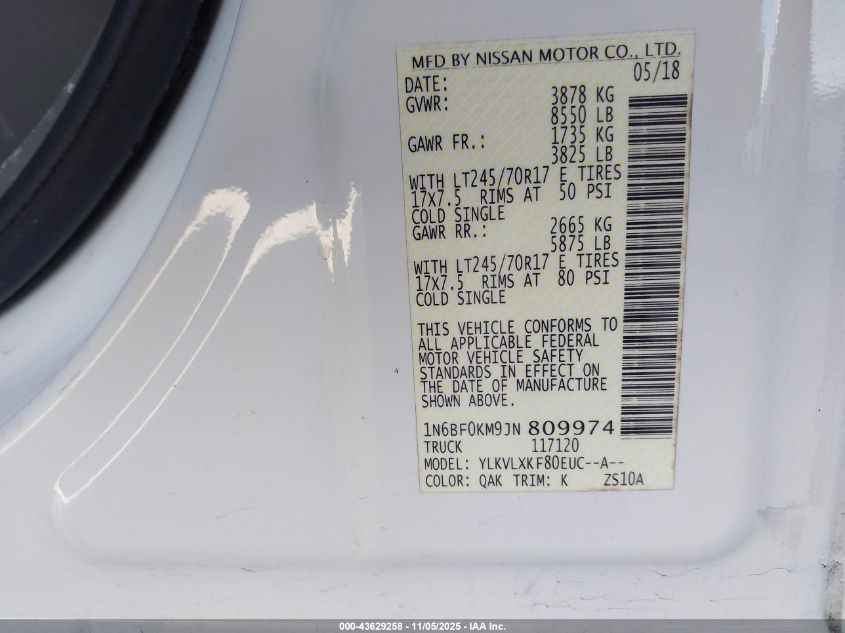 2018 Nissan Nv Cargo Nv1500 Sv V6 VIN: 1N6BF0KM9JN809974 Lot: 43629258
