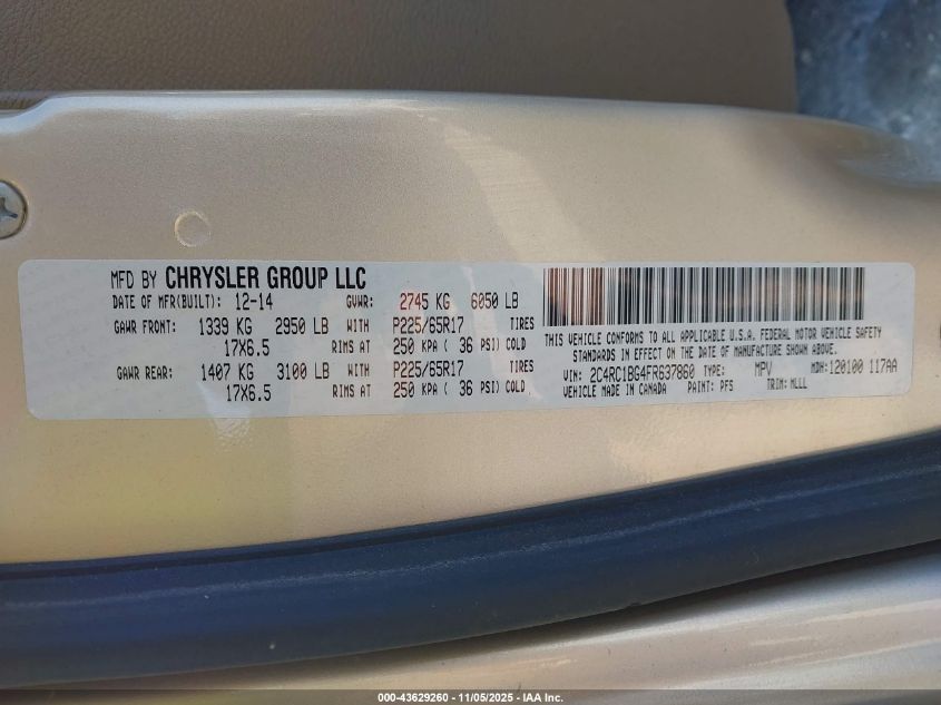 2015 Chrysler Town & Country Touring VIN: 2C4RC1BG4FR637860 Lot: 43629260