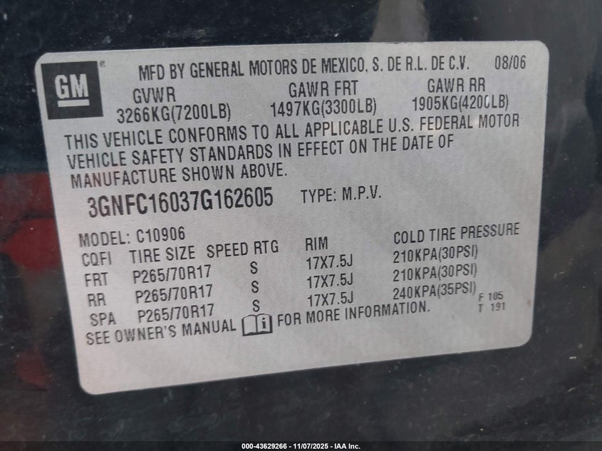 2007 Chevrolet Suburban 1500 Ls VIN: 3GNFC16037G162605 Lot: 43629266