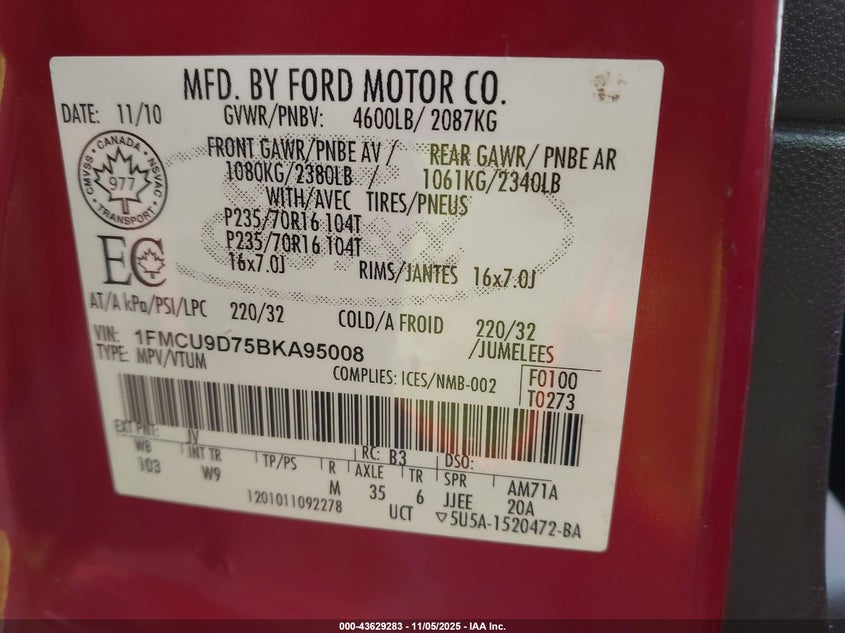 1FMCU9D75BKA95008 2011 FORD ESCAPE photo no. 9