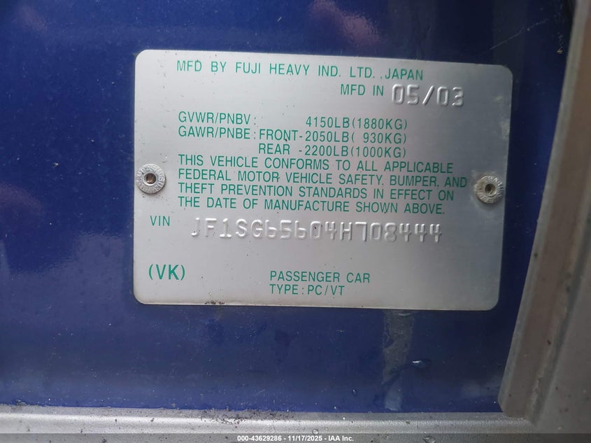 2004 Subaru Forester 2.5Xs VIN: JF1SG65604H708444 Lot: 43629286