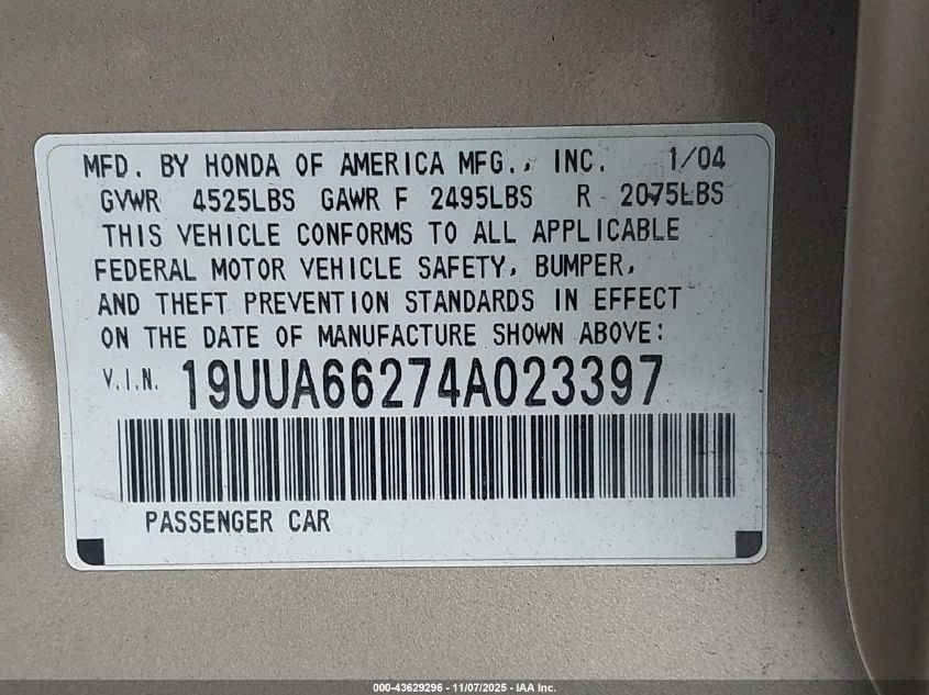 2004 Acura Tl VIN: 19UUA66274A023397 Lot: 43629296