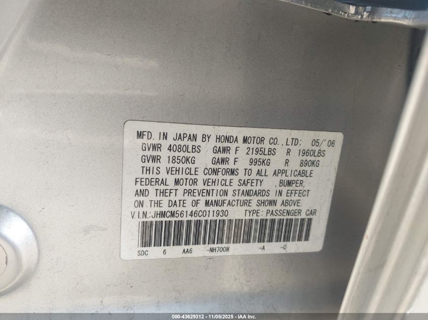 2006 Honda Accord 2.4 Vp VIN: JHMCM56146C011930 Lot: 43629312