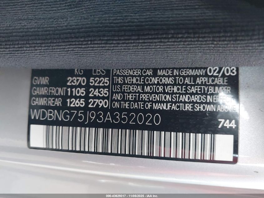 2003 Mercedes-Benz S 500 VIN: WDBNG75J93A352020 Lot: 43629317